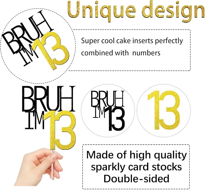 Bruh I'm 13 Cake Topper - Bro I'm 13, Happy Sweet 13 Ornament for Boys' 13th Birthday Party Supplies (Bruh I'm 13)