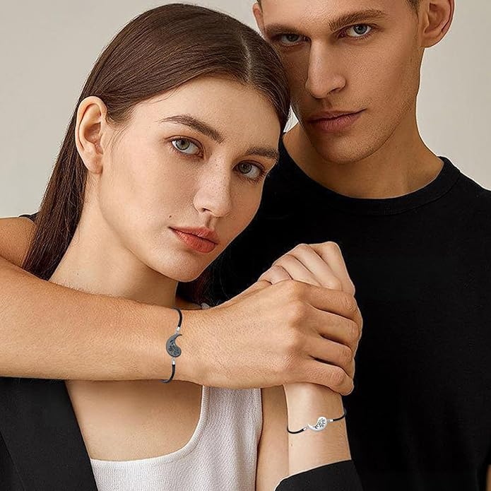 Yin Yang Bracelet 925 Sterling Silver Couple Friendship Bracelets Tree of Life/Sun Moon/Mountain/Lotus Abalone Jewelry for Women Men Couples, Leather Cord 7+2 in