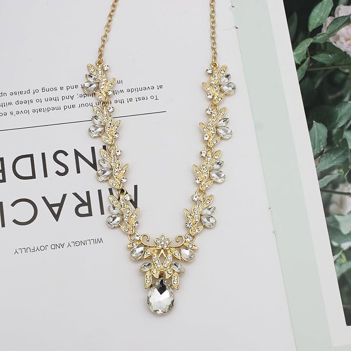 Wedding Leaf Flower Crystal Teardrop Pendant Necklace Dangle Earrings Stretch Bracelet Jewelry Set for Women Bridal Party Prom