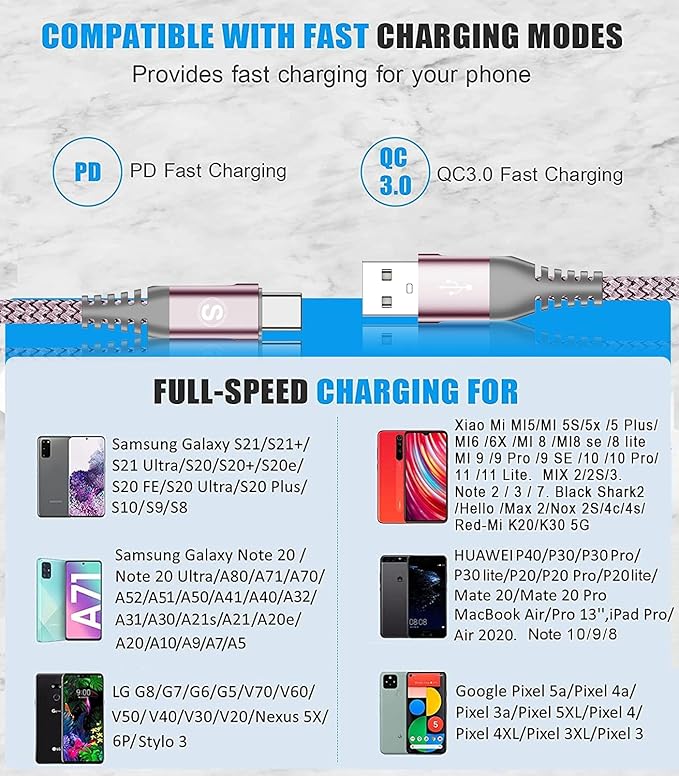sweguard USB Type C Charger Cable [3-Pack,10ft+6.6ft+3.3ft] iPhone 16 Charger Nylon Braided Cord for iPhone 16 15 Pro Max Plus Samsung Galaxy S24 S23 S22 S21 S20 S10 Note 20 10 A54 Pixel LG Moto PS5