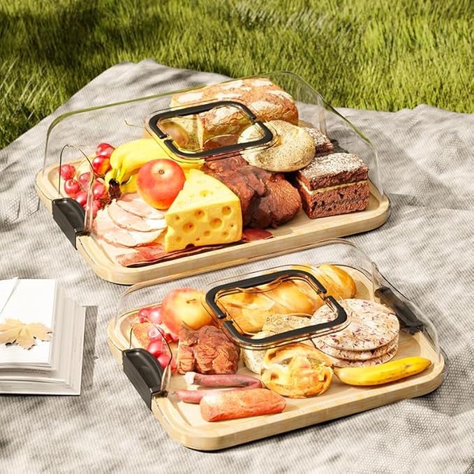 2-Pack Charcuterie Board with Lid - Reversible+ 4-Piece Stainless Steel Cheese Knives, Covered Snack Serving Tray-Large Food Platter，Travel Portable Cheese Board for Picnics & Entertaining
