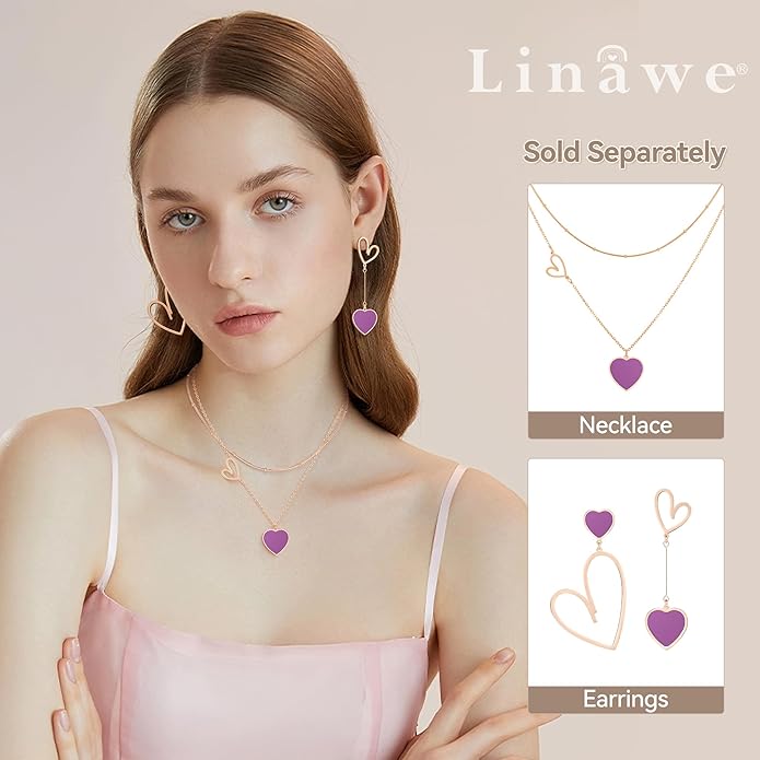 Linawe Layered Choker Heart Pendant Necklace for Women Trendy, Gold/Silver/Rose Gold Chain Stainless Steel Stacked Necklaces, Double Heart Necklace Y2K Preppy Jewelry