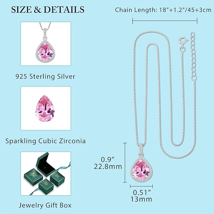 FJ Teardrop Pendant Necklace 925 Sterling Silver Birthstone Jewelry Gifts for Women