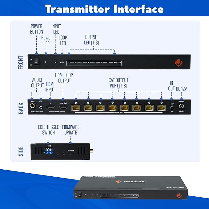J-Tech Digital HDMI 2.0 4K Extender Splitter Over Single Cable CAT6 with PoC Up to 196 FT 1-in 8-Out w/Local Loop Output & Low Latency [JTECH-18EX50]