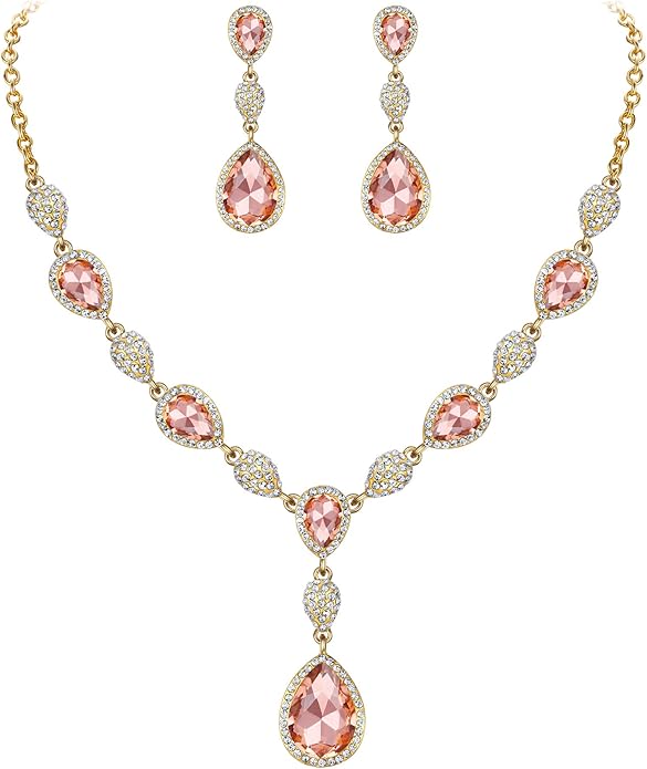 EleQueen Women's Cubic Zirconia Teardrop Y-Necklaces Dangle Earrings Jewelry Sets for Brides Bridesmaids