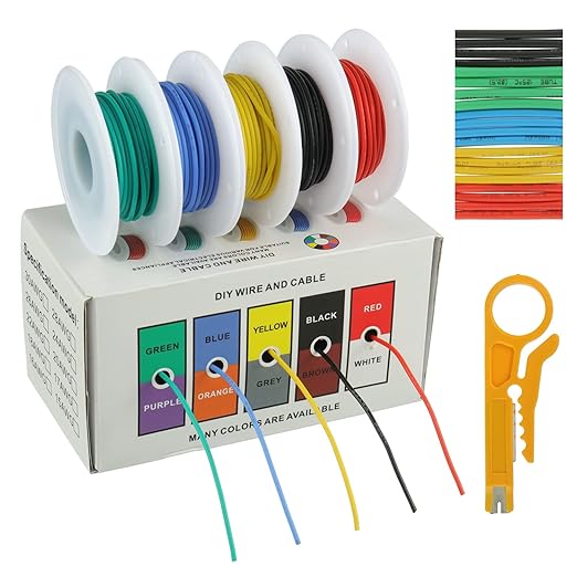 BOJACK 24 AWG Flexible Silicone Wire Electric Wire Hook up Wire Kit 300V Cables with Plus 20 φ3mm Heat Shrink Tubings and a Mini Wire Stripper(5 Colors 19.69Ft Each Color, 24AWG)