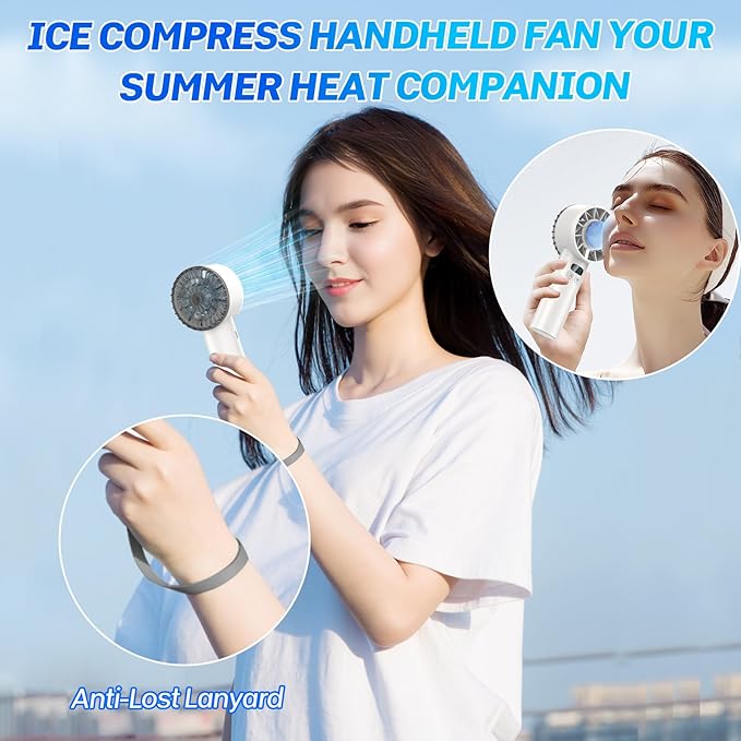 2025 Portable Handheld Ice Fan, Turbo Cooling Fans, 5200mAh, 100 Gear Hurricane Wind, ANC Silent Motor, Digital Display, USB C Rechargeable, Mini Icy Personal Electric Fan for Outdoor & Indoor (White)