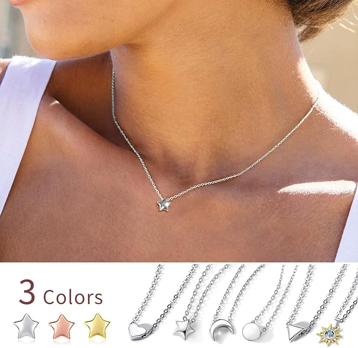 ChicSilver Personalized 925 Sterling Silver Dainty Small Heart/Star/Moon/Dot/Triangle Pendant Necklace for Women, Silver/Gold/Rose Gold/Black (with Gift Box)