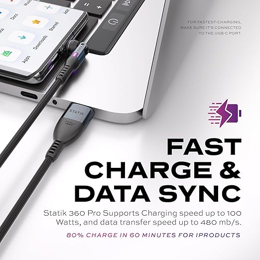 Statik 360 Pro Magnetic Charging Cable - Type C Charger Fast Charging 3 in 1 USB C to USB C Cable, Micro USB & iProduct Tips, USB A Adapter, Fits All Devices - 100W Fast Charger, Black 6FT/2M, 3 Pack