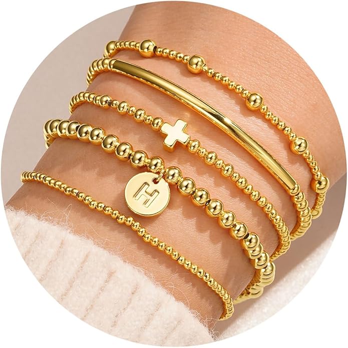 Turandoss Gold Cross Bead Bracelets Sets for Women Girls Valentines Day Gifts - Dainty Layered Cross Bracelets Beaded Initial Bracelet Stack Gold Letter A-Z Bracelet Valentines Day Gifts for Her