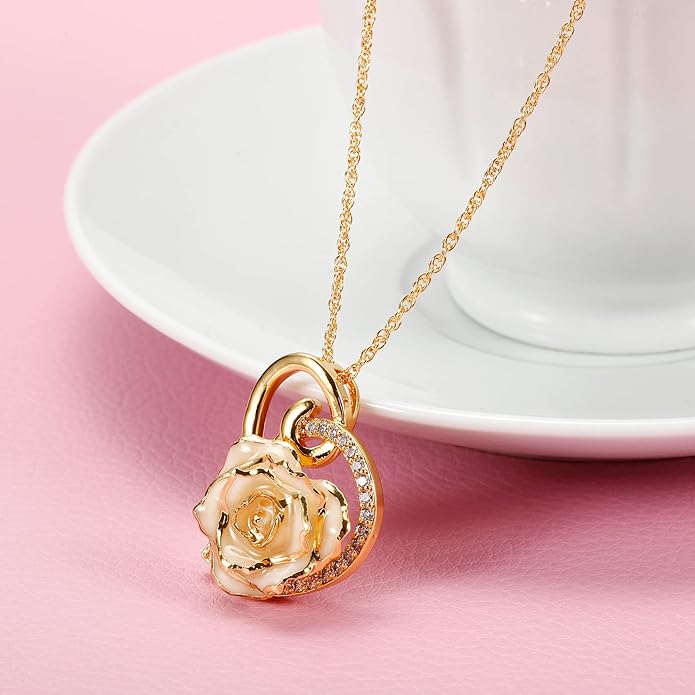 AliveRose Real Rose Gold Dipped Necklace Gifts for Women, 24K Gold Dipped Rose Pendant Necklace Jewelry Mothers Day Anniversaries Birthday Christmas Special Occasions Gifts for Her Mom Wife