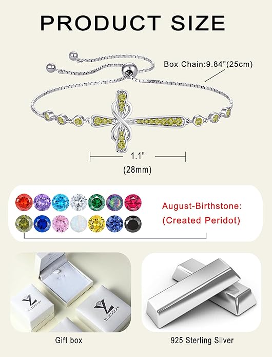 YL Cross Bracelet 925 Sterling Silver Infinity Sideways Link Bracelet Birthstone Jewelry for Women