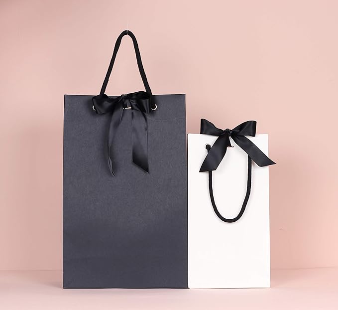 PAPERIST 8pcs Elegance White Gift Bag with Black Satin Bows Ribbon, Sturdy Durable Thick Gift Bag, Gift bag for Wedding, Christmas, Birthday Party, Bridal Shower, Baby Shower