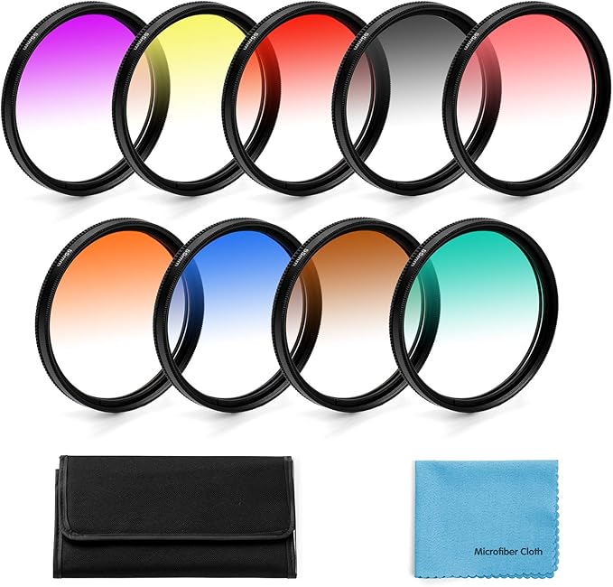 55mm Graduated Color Filters Kit 9 Pieces Gradual Colour Lens Filter Kit Set Accessory for Canon Nikon Sony Pentax Olympus Fuji DSLR Camera + Lens Filter Pouch +Lens Cleaning Cloth