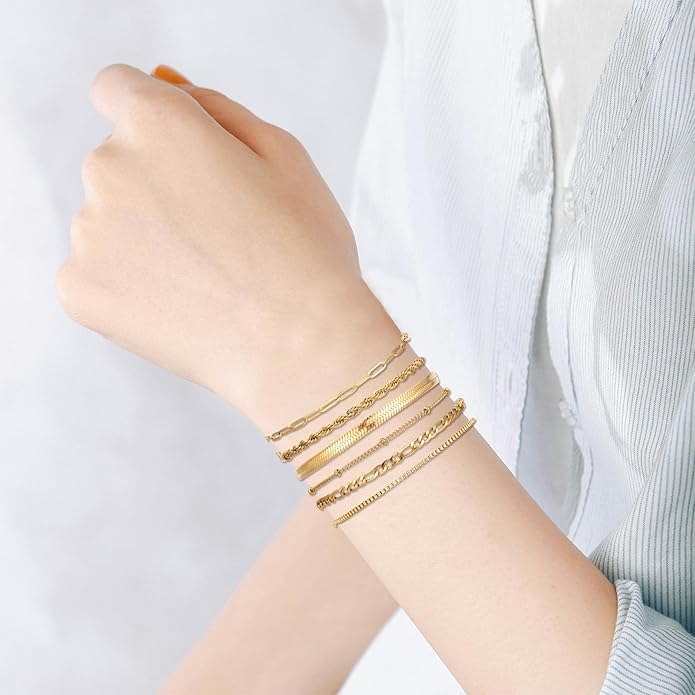 Silver and Gold Bracelets for Women Non Tarnish Waterproof Gold bracelet stack set, Adjustable 6.5"+2" Extender, Layered Bracelets for Women，Exquisite Jewelry Gift
