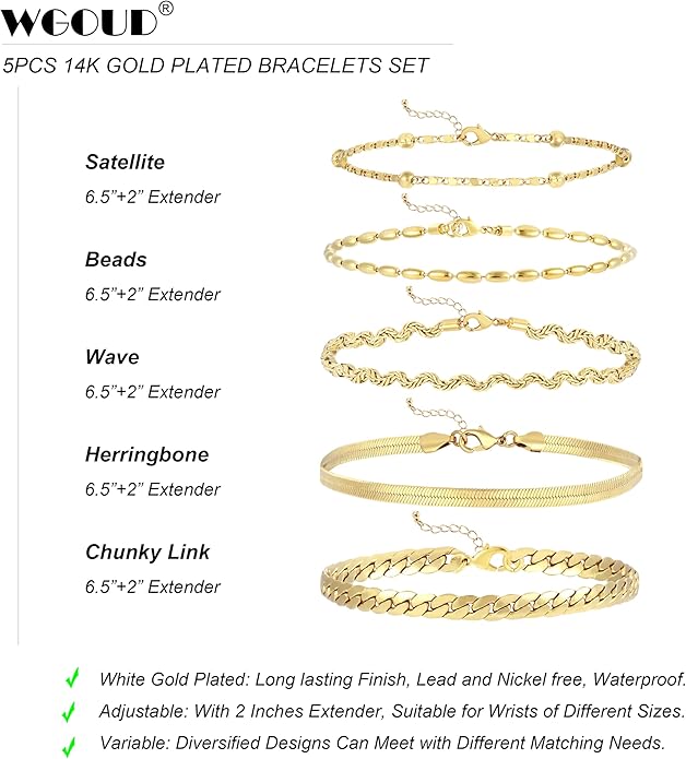 wgoud Dainty Gold Chain Bracelets, 14K Real Gold Plated Link Bracelets for Women, Trendy Stackable Bracelet Set, Waterproof Adjustable