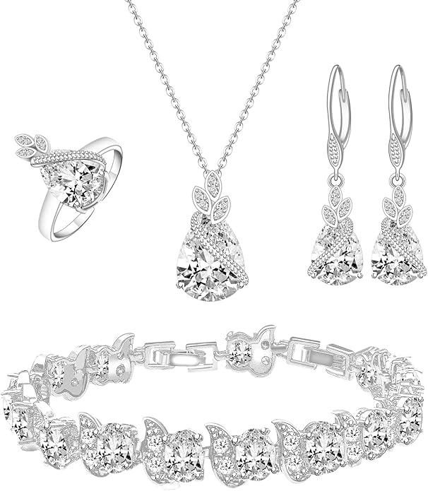 GZWHD Jewelry Set for Women CZ Earrings Necklace Ring Bracelet Set Prom Party Wedding Jewelry Gift for Mother Friend Wife