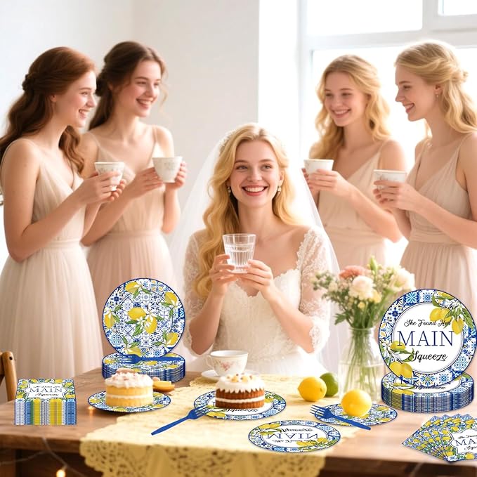 96PCS She Found Her Main Squeeze Plates and Napkins Party Supplies Lemon Bridal Shower Decorations Blue Tiles Lemon Weeding Engagement Disposable Paper Tableware Set Serves 24 Guests