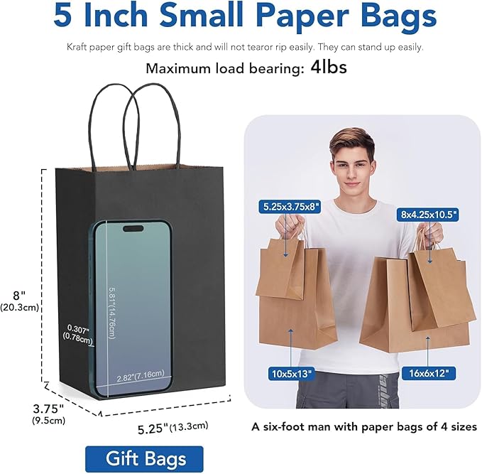 GSSUSA Black Gift Bags 5.25x3.75x8 600Pcs, Paper Bags with Handles Bulk for Small Business