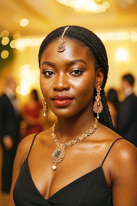 Touchstone Indian jewelry sets for women maang tikka wedding guest gold necklace bollywood jewellery set pageant elegant prom bride accessories western crystal chunky rhinestone necklaces