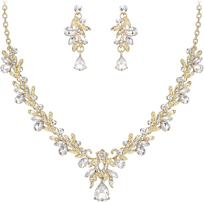 BriLove Women's Wedding Jewelery Set Leaf Flower Crystal Teardrop Marquise Cluster Pendant Necklace Dangle Earrings for Bridal Party