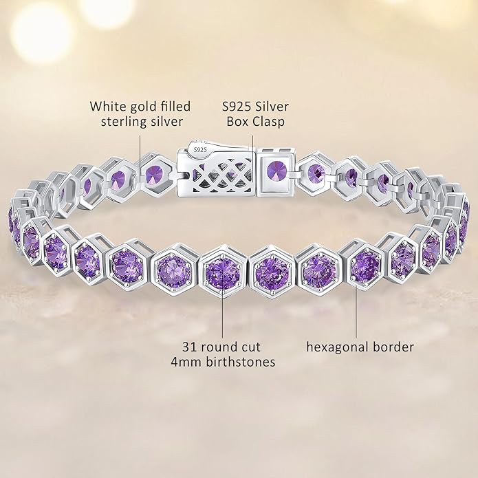 Birthstone Tennis Bracelets for Women Birthday Gifts 925 Sterling Silver Hexagon White Gold Bracelets Round Cut 5A Cubic Zirconia Prong Setting 7 Inch Anniversary Jewelry Gift