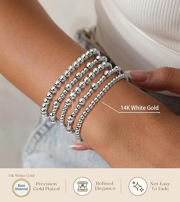 adoyi Gold Bracelets for Women Beaded Bracelet 14K Gold Plated Bracelet Stack Strand Stretch Bead Ball Bracelet Set Stackable Bracelet Adjustable Bracelet Set Jewelry for Gifts