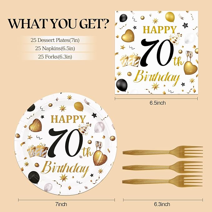 75PCS 70th Birthday Plates and Napkins Party Decorations, 7 Inch White and Gold Happy Birthday Paper Plates and Napkins Disposable Tableware Set 70 Year Old Birthday's Party Decor for Women Men