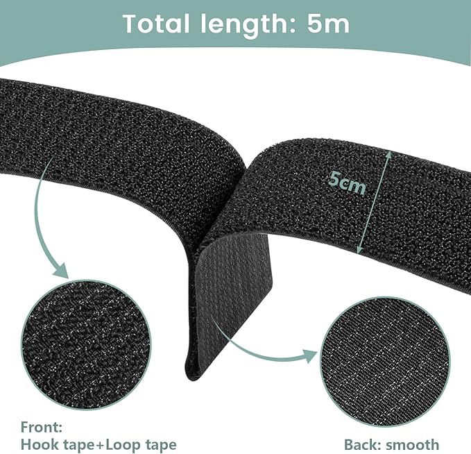 2In x 16Ft Cable Straps Heavy Duty With 15 Buckles, Black Hook and Loop Straps, Reusable Cable Ties for Organizer or Storage