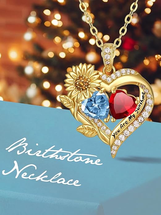 Sunflower Heart Necklace for Women 14K Gold Exquisite Valentines Day Anniversary Birthday Gifts for Wife Mother Her Double Birthstone Pendant Jewelry‘You Are My Sunshine’