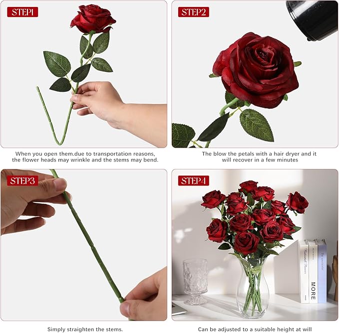 Tifuly 50 Pcs Red Roses Artificial Flowers Bulk,Realistic Long Stem Fake Silk Roses Bouquet for Wedding Centerpiece Table Vases Party Home Kitchen Decor（Burgundy）