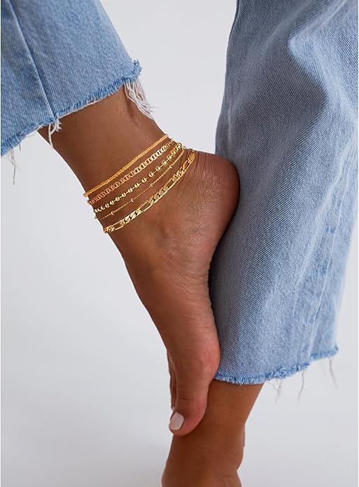 Gold Ankle Bracelets for Women,14k Gold Plated Anklets Waterproof Cuban Link Tennis Herringbone Beaded Chain Anklets Set Layered Anklet Bracelets for Women Adjustable Summer Beach Jewelry 5pcs