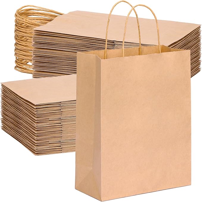 OUTUXED 120pcs Gift Bags, Brown Paper Bag with Handles 7.1x3.6x9.3in Medium Size, Kraft Paper Bags for Party, Businesses,Shopping