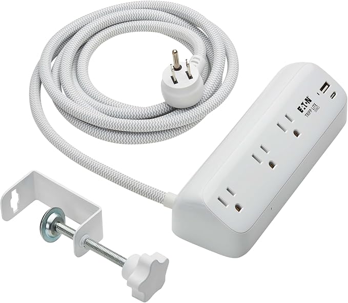 Eaton Tripp Lite Series Desk Clamp Power Strip Surge Protector, 3-Outlets, USB-A & USB-C Charging Ports, 900 Joules, 8ft Braided Flat Extension Cord, Lifetime Manufacturer's Warranty (TLP308U20CLAMP)