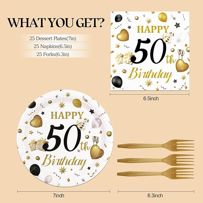 75PCS 50th Birthday Plates and Napkins Party Decorations, 7 Inch White and Gold Happy 50th Birthday Paper Dessert Cake Plates and Napkins Set Disposable Tableware Party Favors for Women Men