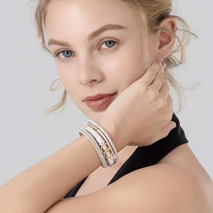 FANCY SHINY Boho Leather Wrap Bracelet Stackable Infinity Chunky Cuff Bracelets Western Hippie Outfits Jewelry Valentine Gifts for Women