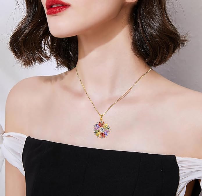 VONSSY Colorful Snowflake Pendant Necklace Earrings Rose Gold 5A Cubic Zirconia | Crystal Sweater Chain | Multi Gemstone Garnet Amethyst Morganite Peridot Prom Rhinestone Necklaces for Women Vintage Stylish Gift