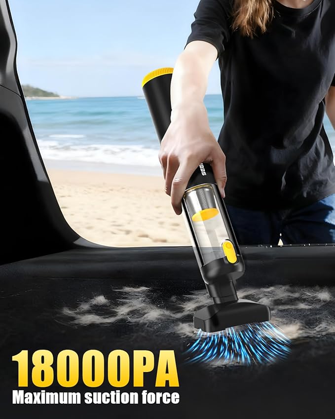 SEEDUSTRY Handheld Vacuum Cleaner Cordless, Mini Car Vacuum/Portable Pet Grooming Vacuum Cleaner, 3 Suction Modes-Up to 18000pa, 6 Blow & Suck & Deflate & Inflate Nozzles for Car, Pet, Office, Home