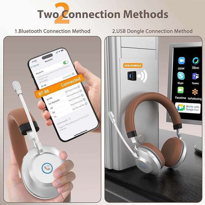 Earbay Wireless Headset with Mic for Work, Bluetooth Headset with Noise Cancelling Mic, V5.3 Lightweight Wireless Headphones with USB Dongle, Charging Base & Mic Mute for PC/Laptop/Phones/Call Center
