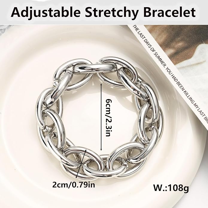 Chunky Gold Bracelet for Women Non Tarnish, Trendy Stretch Cuban Link Chain Plated Gold Bangle Bracelets