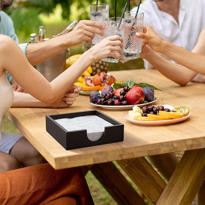Napkin Holder for Table, Wooden Napkins Holders For Paper Napkins, Flat Napkin Holder for Luncheon, Napkin Holders for Kitchen Dinner Table Decor, Napkin Dispenser for Indoor & Outdoor Use, Black