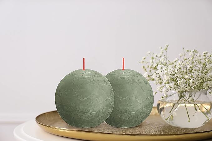 BOLSIUS 3 Pack Fresh Olive Rustic Ball Pillar Candles - 3 Inch - Premium European Quality - Includes Natural Plant-Based Wax - Unscented Dripless Smokeless 25 Hour Party Décor and Wedding Candles