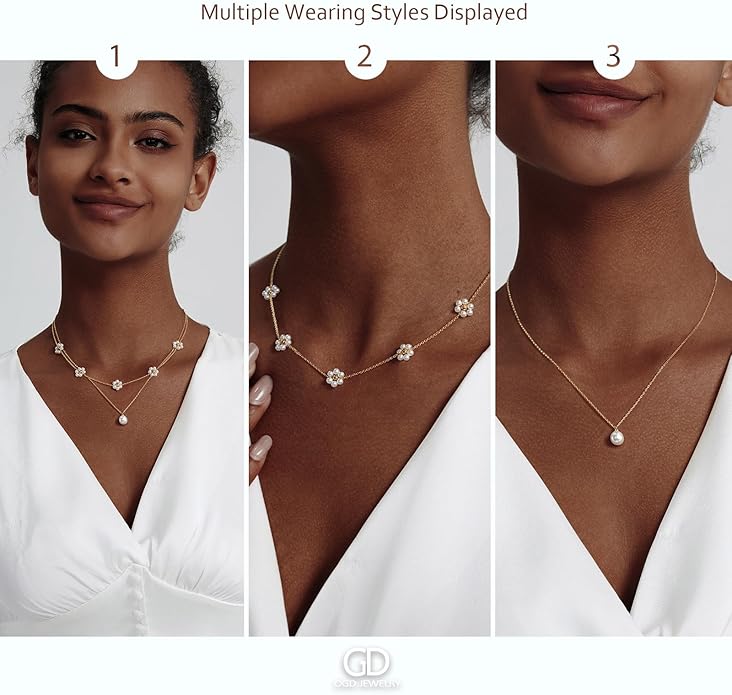 OGD Gold Pearl Necklaces Set for Women 14K Gold Plated Dainty Layered Pearl Cute Daisy Pearl Choker Gold Necklace Gifts for Women Gold Trendy Jewelry Gifts
