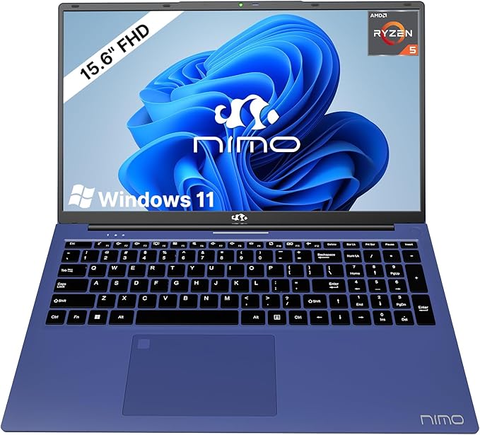 NIMO 15.6 inch Laptop FHD, AMD Ryzen 5 3500U, 8 GB RAM, 256 GB SSD, Windows 11, Backlit Keyboard, Fingerprint Reader, 65W PD, Lightweight Computer for Work and Homeschooling,Deep Blue