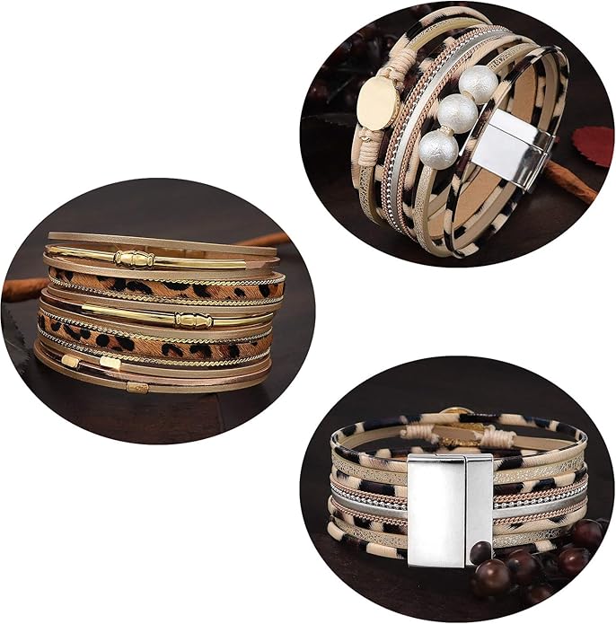 Wowanoo 3Pack Leather Cuff Bracelet Set Multilayer Wrap Bracelet Crystal Feather Tree Bracelet Magnetic Clasp Bracelet for Women