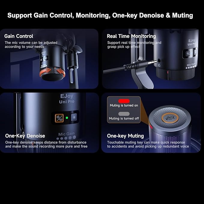 COMICA Wireless USB Microphone for Computer and Smartphone,48kHz/24bit RGB Cardioid Condenser Gaming Mic for Podcasting,Streaming,Recording with Boom Arm Stand-Black (EJoy Uni Pro A)