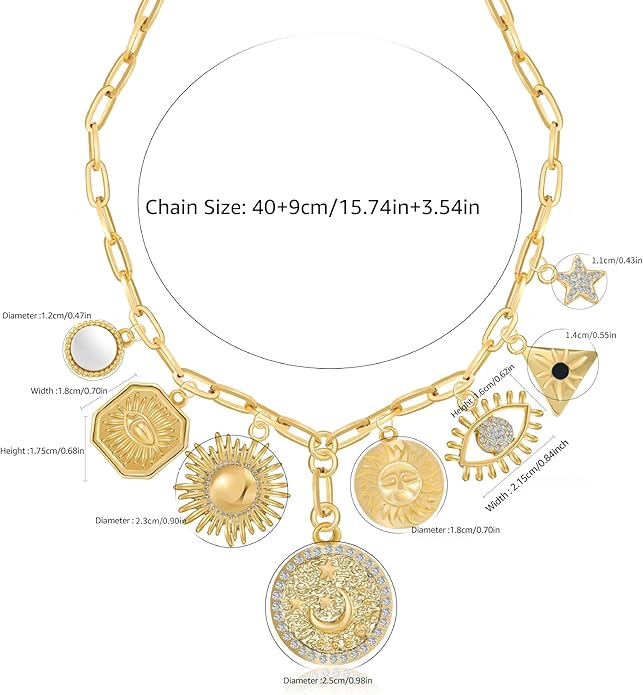 MISS RIGHT Dainty Gold Evil Eye Hamsa Hand Coin Lucky Charm Pendant Necklace for Women Trendy Vintage Paperclip Chain Sun Moon Clover Flower Chunky Charm Necklace Jewelry Gifts