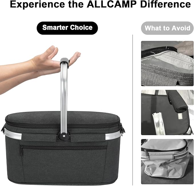 ALLCAMP Picnic Basket - 32L Insulated Cooler, Thickening Foldable Picnic Basket with Removable Baskets & Sewn-in Frame, Basket for House Warming Gifts New Home(Jet Black)