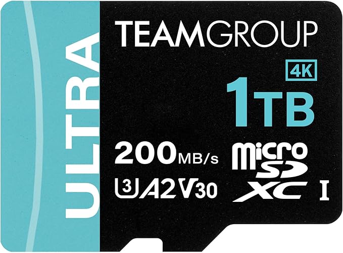 TEAMGROUP A2 Ultra Card 1TB Micro SDXC UHS-I U3 A2 V30, R/W up to 200/170 MB/s with Adapter TULMSDX1TIA2V3022503