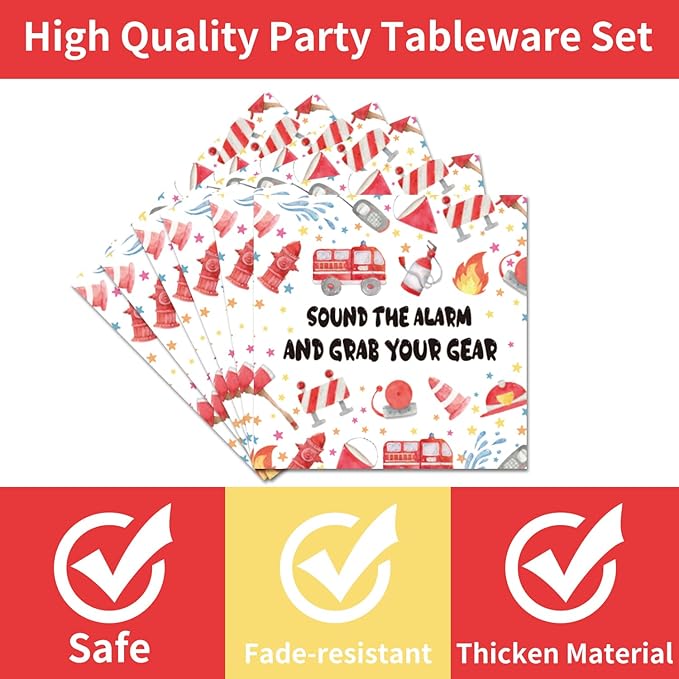 Firetruck Birthday Party Decorations - 96PCS Fire Truck Plates and Napkins Party Supplies Firefighter Birthday Decorations Fireman Themed Disposable Tableware Set Serve 24 Guests
